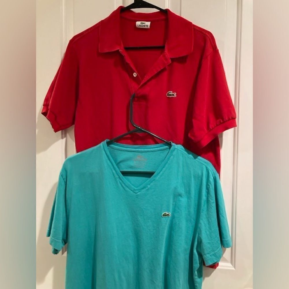 Men’s Lacoste Polo Pique & V Neck Short-Sleeved Shirt Lot of 2, Red & Blue